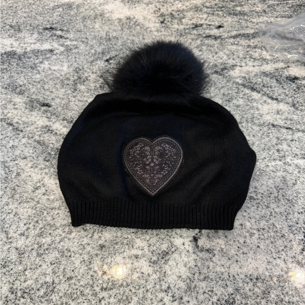 New Custom Designed Black Slouchy Pom Beanie with Decorative Black Heart.